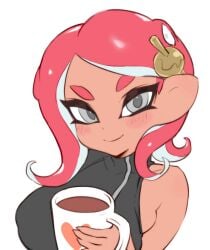 1girls 3rd_party_edit agent_8_(octo_expansion) agent_8_(splatoon) big_breasts breasts closed_mouth coffee color color_edit colored cup edit edited edited_image female_focus food heart highres holding holding_cup jtveemo ko-fi ko-fi_logo large_breasts looking_at_viewer mug nintendo octoling octoling_girl octoling_player_character simple_background single_bare_shoulder single_sleeve smile solo splatoon splatoon_(series) splatoon_2 splatoon_2:_octo_expansion tentacle_hair turtleneck upper_body white_background