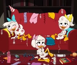 3girls after_sex anthro avian blush cum cum_on_body cum_on_face disney duck ducktales ducktales_(2017) furry furry_female june_duck may_duck nude ponytail pussy ribbon triplets twins twintails webby_vanderquack