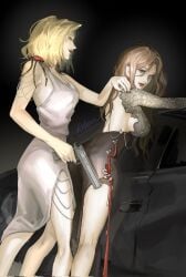 blonde_female blonde_hair breasts breasts brown_hair brunette_hair chameleon_(path_to_nowhere) clothed clothes clothing dominant_female dress female female_only gun high_slit_dress langley_(path_to_nowhere) larger_female lipstick lxychristina path_to_nowhere pinned_to_car pinned_to_wall shorter_female smaller_female smile smiling submissive_female taller_female thighs yuri