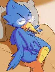 anthro anus ass avian backsack balls beak bed bedroom_eyes berdly bird blue_body blue_feathers deltarune digital_media_(artwork) eyewear eyewear_only feathers furniture genitals glasses glasses_only half-closed_eyes hand_on_butt hi_res licking licking_lips licking_own_lips limettin looking_at_viewer lying male narrowed_eyes nude on_bed on_side presenting presenting_anus presenting_hindquarters seductive smile solo spread_butt spreading tail tongue tongue_out undertale_(series) wearing_glasses