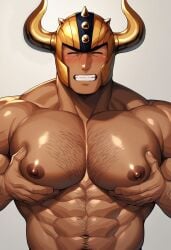 ai_generated bara cute gay hairy helmet manboobs saint_seiya taurus_aldebaran yaoi