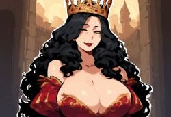 1girls ai_generated amber_eyes black_hair cleavage crown large_breasts milf novelai original solo_female