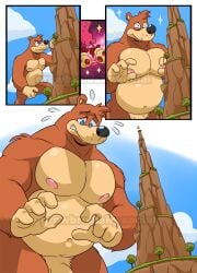 anthro banjo-kazooie banjo_(banjo-kazooie) bear belly blue_eyes brown_body brown_fur comic convenient_censorship eclipticafusion flaccid fur genitals growing hi_res macro male mammal mountain navel nipples nude pecs penis rareware slightly_chubby solo