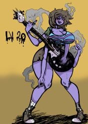 female frisk highres huge_breasts implied_transformation mrreference muffet purple_skin spider thick_thighs transformation undertale