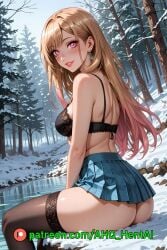 ahq_hentai ai_generated ass black_bra blush breasts forest gyaru kitagawa_marin my_dress_up_darling sitting skirt smile snow stable_diffusion stockings underwear