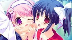 16:9 2girls blue_hair blush censored collarbone game_cg hasegawa_yukino iinazuke_wa_imouto-sama! long_hair multiple_girls penis pink_hair purple_eyes red_eyes usami_haruka_(iinazuke_wa_imouto-sama!) usami_yuuna