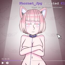 1girls amai animal_ears breasts cat_ears cleavage collar donation english_text female female_focus leash navel neko phornet_jpg stream streaming text twitch vtuber vtuberfanart