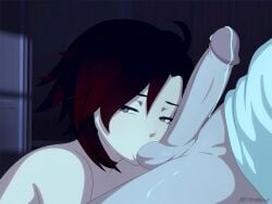 1boy 1girls balls cum female male necromalock ruby_rose rwby sucking_balls