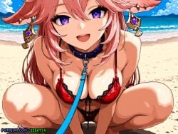 ai_generated beach genshin_impact gigatsu leash leash_and_collar leash_pull lingerie pink_hair pixel_art pov pov_eye_contact purple_eyes seductive seductive_pose squatting yae_miko