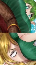 2girls blonde_hair breast_envy breast_focus breasts cleavage commission commissioner_upload dress earrings elf euphemy_sylvaine frieren_lap_pillow_(meme) green_dress green_eyes green_hair highres jewelry large_breasts lotte_farona meme multiple_girls official_art pierogizzasmazka pointy_ears ways_of_darkness_(series)