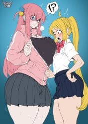 2girls blonde_hair blue_eyes blush bocchi_the_rock! bow breast_awe breast_envy breast_press breasts_out covered_breasts female flat_chested gigantic_breasts gotou_hitori hair_ornament hands_on_hips huge_breasts huge_thighs ijichi_nijika long_hair looking_at_breasts open_mouth pink_hair red_eyes school_uniform schoolgirl shocked_face simple_background size_difference skirt surprised_expression sweat thegoldensmurf thick_thighs unzipped unzipped_jacket unzipping yuri