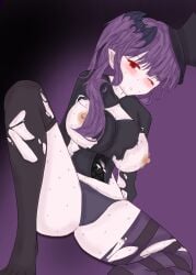 1girls abra(lhms) blush hat jaki lhms neriki nude purple_hair red_eyes satan_eyes skirt stockings sweat torn_clothes vampire