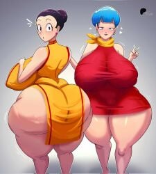 2girls big_ass big_breasts black_hair blue_hair bulma_(dragon_ball) bulma_briefs bulma_briefs chi-chi_(dragon_ball) chinese chinese_clothes dragon_ball dragon_ball_super dragon_ball_z fivehead francyart34 milf red_dress tagme