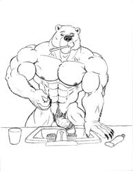 abs balls bathroom bear biceps brushing_teeth male male_only muscles pecs penis sink solo sudonym toothbrush toothpaste