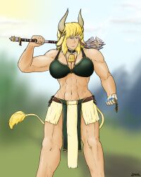 amulet blonde_hair blue_eyes bulge_under_clothes bull cowbell cowbell_collar fantasy horns incense loincloth mace muscular outdoors sneggl