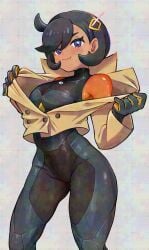 1girls adversarial_noise ahoge bare_shoulders black_bodysuit black_gloves black_hair blue_eyes blush bodysuit brown_jacket cowboy_shot dark-skinned_female dark_skin emma_(pokemon) female gloves hair_ornament highres himeshiro_(himeno_46) jacket nintendo pokemon pokemon_legends:_z-a short_hair sleeveless smile solo undressing