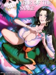 bare_arms bare_shoulders big_breasts black_hair blue_eyes blush boa_hancock clothed clothing color female female_focus female_only hi_res jewelry large_breasts light-skinned_female light_skin long_hair looking_at_viewer one_piece opalisart shounen_jump snake solo_female tagme thick_thighs year_of_the_snake