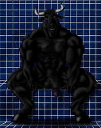 1boy abs balls biceps big big_penis black_fur blue_eyes bovine cattle fur looking_at_viewer male male_only muscles pecs penis shower sitting smile solo sudonym