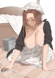 1girls 2d 2d_(artwork) adult adult_female bed bedroom big_breasts blue_eyes bra breasts breasts_out brown_hair bucket cleaning digital_drawing_(artwork) digital_media_(artwork) edea_(throtem) female female_focus female_human female_only highres large_breasts larger_female light-skinned_female long_hair maid_headdress maid_outfit maid_uniform mature mature_female mature_woman older_female original original_artwork pubic_hair shiny_skin sole_female soles sweat sweatdrop throtem