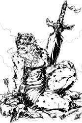 2:3 absurd_res anthro arrow_(weapon) black_and_white blush bodily_fluids bone bottomwear breasts breath clawed_hands claws clothed clothing cloud digital_drawing_(artwork) digital_media_(artwork) feet flaccid genitals giant_weapon greatsword gynomorph hand_on_knee hand_on_leg head_tuft hi_res hyena intersex jewelry mammal melee_weapon monochrome neck_tuft necklace on_ground partially_clothed penis pose pouch_(clothing) raised_bottomwear raised_clothing raised_skirt ramheadedgirl ranged_weapon shirt sitting skirt skull sling_bag solo sweat sword tank_top toe_claws topwear tuft weapon yokozuwari