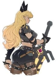 2d absurdres alohapz ass black_gloves black_nails blonde_hair blue_eyes booty_shorts breasts cleavage cleavage_cutout clothing_cutout crop_top female gloves highres holding holding_sword holding_weapon huge_weapon long_hair magik_(illyana_rasputin) magik_(marvel_rivals) marvel marvel_rivals nail_polish painted_nails pantyhose short_shorts shorts solo sword thigh_strap torn_clothes torn_pantyhose weapon x-men yablofap