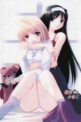 2girls ahoge arcueid_brunestud ass ass black_hair blonde_hair blue_eyes grabbing hugging kakitsubata_kanae long_hair looking_at_viewer melty_blood panties posing red_eyes short_hair smile socks stuffed_animal stuffed_toy taunting teddy_bear tohno_akiha tongue tsukihime type-moon underwear vampire_girl