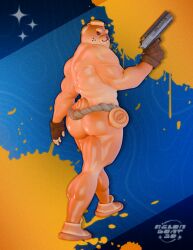 3d_(artwork) absurd_res anthro ass big_butt canid canine digital_media_(artwork) doughberman doughberman_(fortnite) hi_res holding_object holding_weapon looking_at_viewer male mammal melongoat3d nude solo weapon