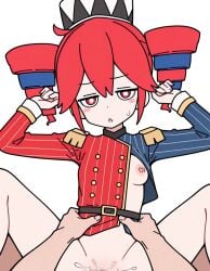 1boy 1girls ahoge ai_generated ambiguous_penetration areolae arms_behind_head arms_up bed belly breasts candycookiechocolate cum cum_inside female grabbing_legs hat kasane_teto kasane_teto_(sv) laying_on_back laying_on_bed leg_grab male missionary_position motion_lines mv_character navel nipples nude nude_female nude_male red_eyes red_hair sex slightly_chubby slightly_chubby_female small_breasts spread_legs straight sweat sweatdrop sweating synthesizer_v tremble_spikes trembling twin_drills two_tone_hair utau vocaloid waist waist_grab