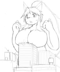 anthro big_breasts blush breast_crush breast_squish breasts building building_destruction canid city crush destruction digital_media_(artwork) female fur gaiya05 hair hi_res huge_breasts larger_female macro mammal open_mouth simple_background size_difference squish