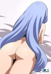 1girls ass ass_focus big_ass blue_eyes female female_focus female_only my_hero_academia nejire_hado on_bed solo solo_female solo_focus sweat tsuranukko watermark