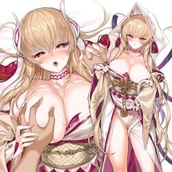 blonde_hair blush breasts bridal_gauntlets chinese_zodiac cleavage female forked_tongue granblue_fantasy groping head_ornament highres holding_hands hooded_kimono indala_(granblue_fantasy) japanese_clothes kimono large_breasts mutsutake open_mouth paid_reward_available red_eyes red_trim saliva snake sweat tongue tongue_out wataboushi white_hood white_kimono white_snake yellow_pupils