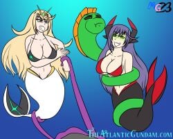 2girls angry black_sclera blonde_hair blue_background bra cleavage coils collarbone eyebrows_visible_through_hair female female_only femsub glowing_eyes gradient_background green_eyes happy_trance headdress hikari_(xenoblade_2) horns huge_breasts jewelry long_hair maturegundam megagman mermaid multiple_girls multiple_subs mythra mythra_(xenoblade) navel nintendo poppi poppi_qtpi_(xenoblade) purple_hair restrained scubagundam sideboob simple_background smile tentacle underwater xenoblade_(series) xenoblade_chronicles_2 yellow_eyes