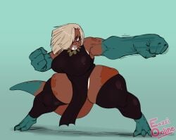 anthro bbw chubby curvy_figure dinosaur dress eazzionline loincloth muscular_female scalie skin_tight thighhighs wide_thighs