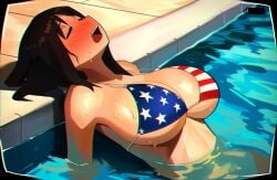 1girl ai_generated alternate_breast_size_(larger) american_flag_bikini azumanga_daioh battery_indicator bikini blush breasts brown_hair chromatic_aberration cleavage closed_eyes elfgens flag_print from_side full-face_blush head_back hot huge_breasts kasuga_ayumu leaning_back long_hair nose_blush open_mouth outdoors partially_submerged pool poolside self_upload shiny shiny_skin sideboob solo sweat swimsuit teeth tongue underboob upper_body upper_teeth_only viewfinder water wet