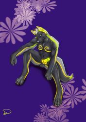 2013 anthro balls canine canine_penis fur furry glowing_markings grey_fur hair knot labbedog male male_only nude penis purple_background solo spread_legs spreading white_hair wolf yellow_markings