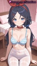 1girls ai_generated anime_style asian bangs bare_arms bare_shoulders bed bedroom belt_collar bikini black_hair blue_bra blue_eyes blue_hair blue_scrunchie blush bow bow_bra bow_hairband bra breasts bust busty cleavage closed_mouth collar collarbone covered_navel crazy_mita_(miside) curtains female female_focus female_only hair_ornament hair_ribbon hair_scrunchie hairband hairbow hairclip hi_res high_quality high_resolution highres indoors long_hair looking_at_viewer low_twintails medium_breasts miside mita_(miside) natsuyoru navel no_panties on_bed panties panties_under_pantyhose pantyhose parted_bangs patreon pillow red_collar red_hairband ribbon scrunchie sitting smile solo solo_female stomach striped striped_bra striped_clothes striped_panties thigh_gap thighband_pantyhose thighs twintails underwear underwear_only voluptuous voluptuous_female white_legwear white_pantyhose