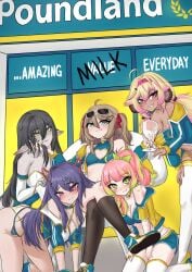 2025 5girls akuma_nihmune all_fours bent_over bikini boots brown_hair face_grab female_only group harem holding_object indie_virtual_youtuber jacket kneeling kokonuts layna_lazar lesbian_harem marking_below_eyes milk neuro-sama plastic_chair poundland ritspi shoes sitting smug store thighhighs toma_(vtuber) virtual_youtuber vtuber wine_glass yuri_harem