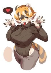 5_fingers anthro big_breasts black_sweater breasts fangs feline female female_focus female_only furry furry_female furry_only heart high_angle huge_breasts mx99926 not_porn paw_hands paws sfw short_hair spoken_heart sweater tagme thick_thighs tiger tiger_girl tongue tongue_out tri_colored_fur wide_hips