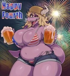 1girls 4th_of_july amelia_steelheart american_flag_bikini anthro beer big_breasts breasts cass_(simplifypm) english_text female female_only fireworks fourth_of_july pb_doodles purple_body purple_skin reptile scalie short_shorts shorts simplifypm text the_simplifypm-verse thick_thighs thighs tummy