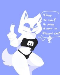 2021 3rd_party_edit 4_fingers anthro blue_eyes blue_mouth blush breasts clyde_(discord) cringe crop_top dialogue digital_drawing_(artwork) digital_media_(artwork) discord_(app) english_text felid feline felis female female_only fingers gesture hand_behind_back hi_res logo_on_clothes looking_at_viewer mammal meme monotone_body monotone_tail nude one_eye_closed original_at_source panties raised_hand sakanagashima signature simple_background smile smiling_at_viewer solo speech_bubble standing talking_to_viewer text underwear wink