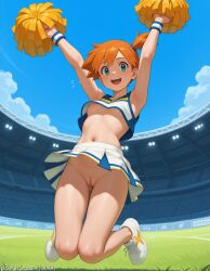 1girls ai_generated armpits arms_up blue_eyes breasts cheerleader crop_top female female_only jumping misty_(pokemon) navel nintendo nipples no_bra no_panties no_underwear open_mouth pom pom_poms pussy red_hair side_ponytail skirt sky smile sneakers solo stadium upskirt