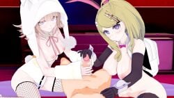 1boy 2girls akamatsu_kaede artist_request big_breasts big_breasts blonde_hair bunny_ears bunny_girl bunnysuit danganronpa danganronpa_2:_goodbye_despair danganronpa_v3 double_handjob embarrassed embarrassed_female fishnet_legwear fishnets handjob hinata_hajime koikatsu nanami_chiaki pink_eyes pink_hair purple_eyes short_hair tagme thick_hips thick_thighs thighhighs thighs unseen_male_face