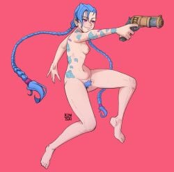 1girls arcane arcane_jinx blue_hair blue_pubic_hair braided_hair breasts completely_nude completely_nude_female jinx_(league_of_legends) kontsuki league_of_legends long_hair naked naked_female nipples nude nude_female pink_eyes pubic_hair riot_games small_breasts tattoo