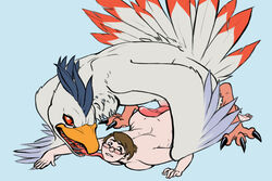 ass avian beak bird chicken claws digimon erection female human interspecies kokatorimon male nude open_mouth penis pink_penis plain_background straight throtting tongue wings