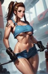 1girls ai_generated league69 looking_at_viewer no_bra no_sound overwatch overwatch_2 ponytail pov removing_shorts shiny_skin short_hair short_shorts solo stable_diffusion tagme tattoo underboob video