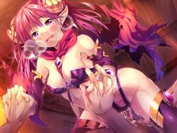 1boy 1girls armodias blush breasts censored cowgirl_position cum cum_in_pussy demon_girl demon_horns ear_ornament elbow_gloves female game_cg gem gloves grimoire_no_shisho horns long_hair marushin_(denwa0214) nipples penis pink_hair pointy_ears purple_eyes scarf sex succubus thighhighs vaginal_penetration