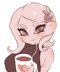 1girls agent_8_(octo_expansion) agent_8_(splatoon) big_breasts breasts closed_mouth coffee cup female_focus food heart highres holding holding_cup jtveemo ko-fi ko-fi_logo large_breasts looking_at_viewer mug nintendo octoling octoling_girl octoling_player_character sfw simple_background single_bare_shoulder single_sleeve smile solo splatoon splatoon_(series) splatoon_2 splatoon_2:_octo_expansion tentacle_hair turtleneck upper_body white_background