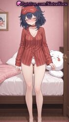 1girls ai_generated anime_style asian ass_visible_through_thighs bangs bare_legs barefoot bed bedroom black_hair blue_hair blush bow bow_panties breasts bust busty choker cleavage closed_eyes closed_mouth collarbone crossed_bangs facing_viewer feet female female_focus female_only foot_fetish full_body hair_between_eyes hairband hi_res high_quality high_resolution highres indoors large_breasts legs long_sleeves mask mask_on_head medium_breasts medium_hair messy_hair miside mita_(miside) natsuyoru no_pants on_bed pajamas pale_skin panties pantsu patreon picture_frame pillow red_choker red_shirt shirt short_hair sleep_mask sleepy_mita_(miside) smile solo solo_female standing striped striped_clothes striped_shirt stuffed_animal stuffed_toy teddy_bear thighs toenail_polish toenails toes underwear vertical-striped_shirt voluptuous voluptuous_female white_panties wooden_floor