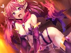 armodias blush breasts censored demon_girl demon_horns ear_ornament elbow_gloves female game_cg gem gloves grimoire_no_shisho horns long_hair lying marushin_(denwa0214) navel nipples penis pink_hair pointy_ears purple_eyes scarf sex succubus thighhighs vaginal_penetration