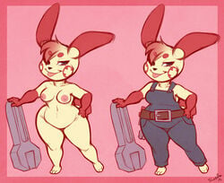 2013 anthro areola breasts chubby erect_nipples female navel nintendo nipples nude plusle pokemon pokemon_(species) pussy sheela smile solo video_games wide_hips wrench